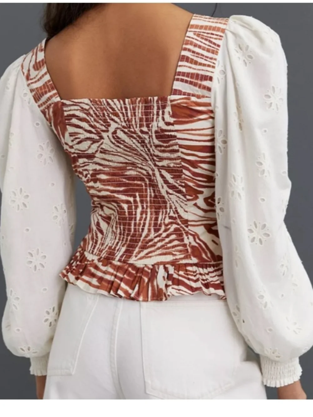 Anthropologie Love the Label Smocked Eyelet Puff Sleeve Blouse Zebra Print